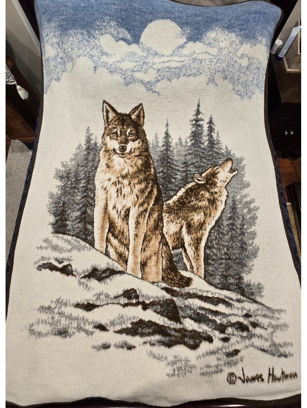 Vtg Biederlack Wolf Blanket Wolves James Hautman Reversible Acrylic Fleece USA